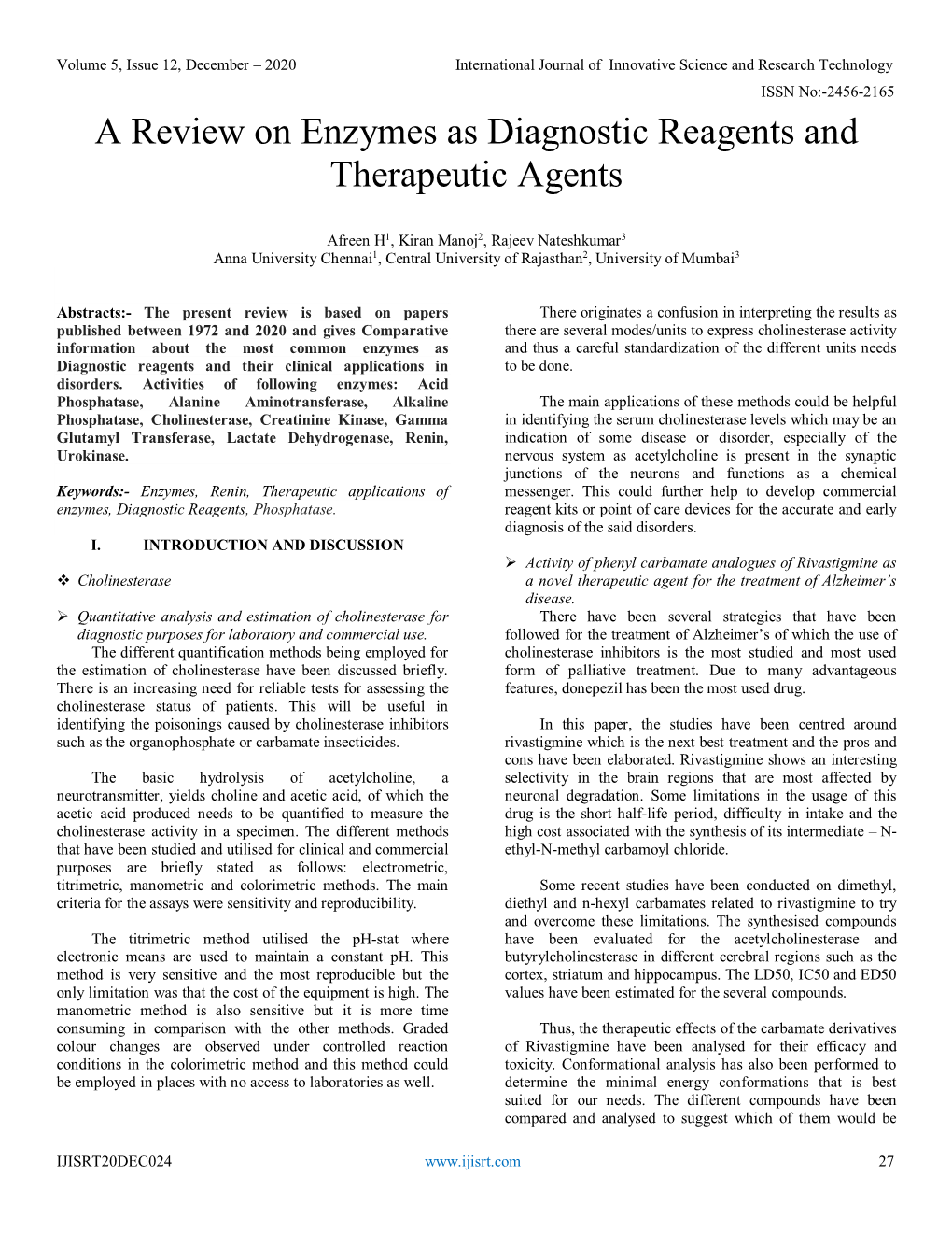 A Review on Enzymes As Diagnostic Reagents and Therapeutic Agents