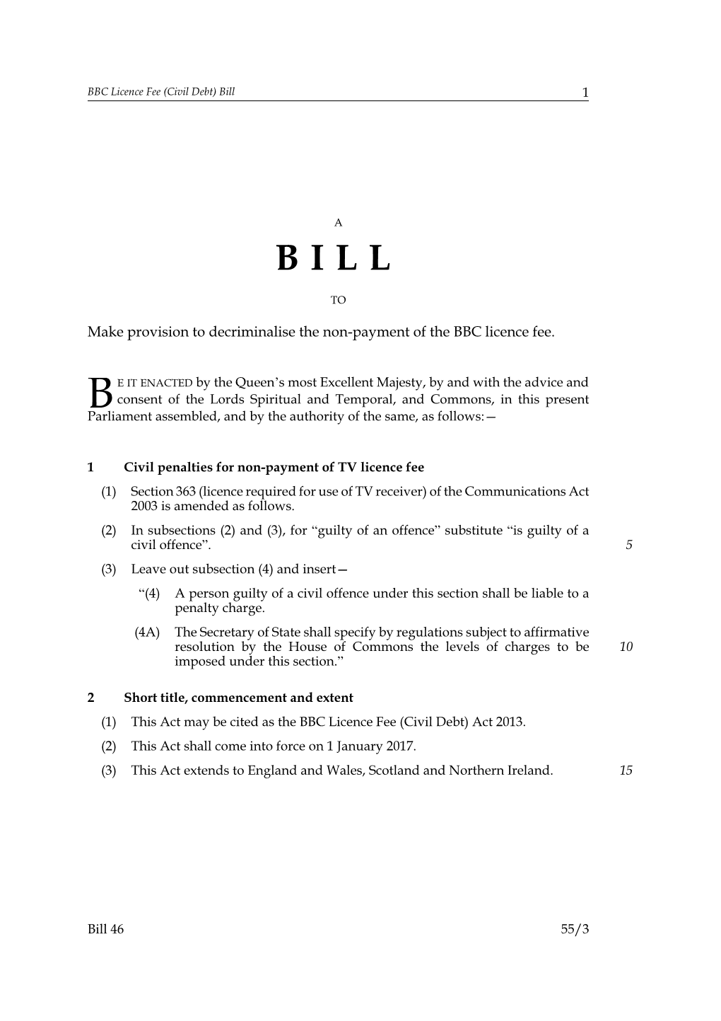 BBC Licence Fee (Civil Debt) Bill 1