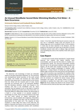 An Unusual Mandibular Second Molar Mimicking Maxillary First Molar – a Rare Occurrence Srinivasulu Sakamuri and Sreekanth Kumar Mallineni*