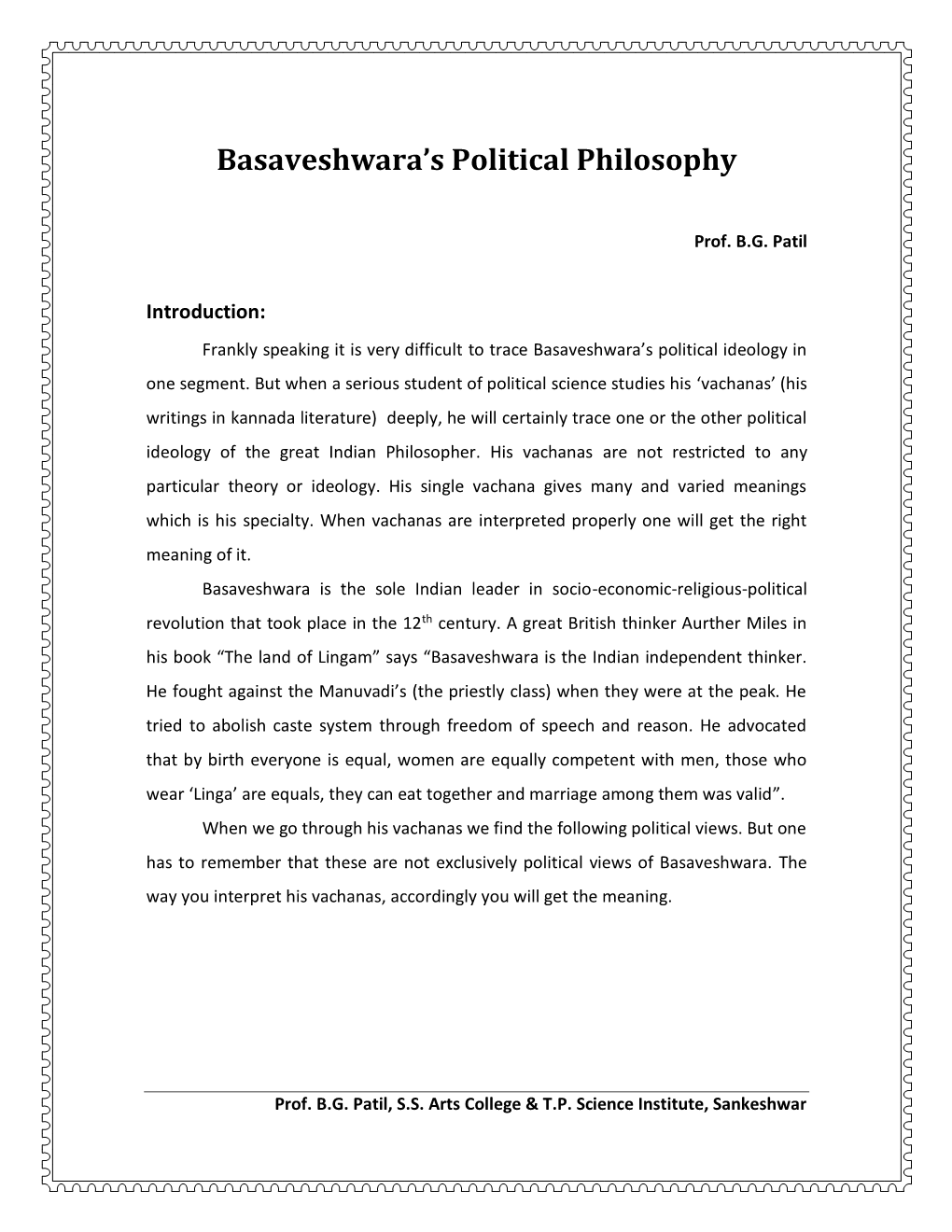 Basaveshwara's Political Philosophy