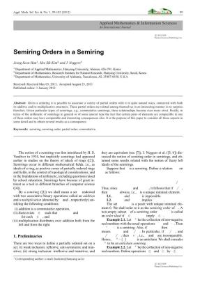 Semiring Orders in a Semiring -.:: Natural Sciences Publishing
