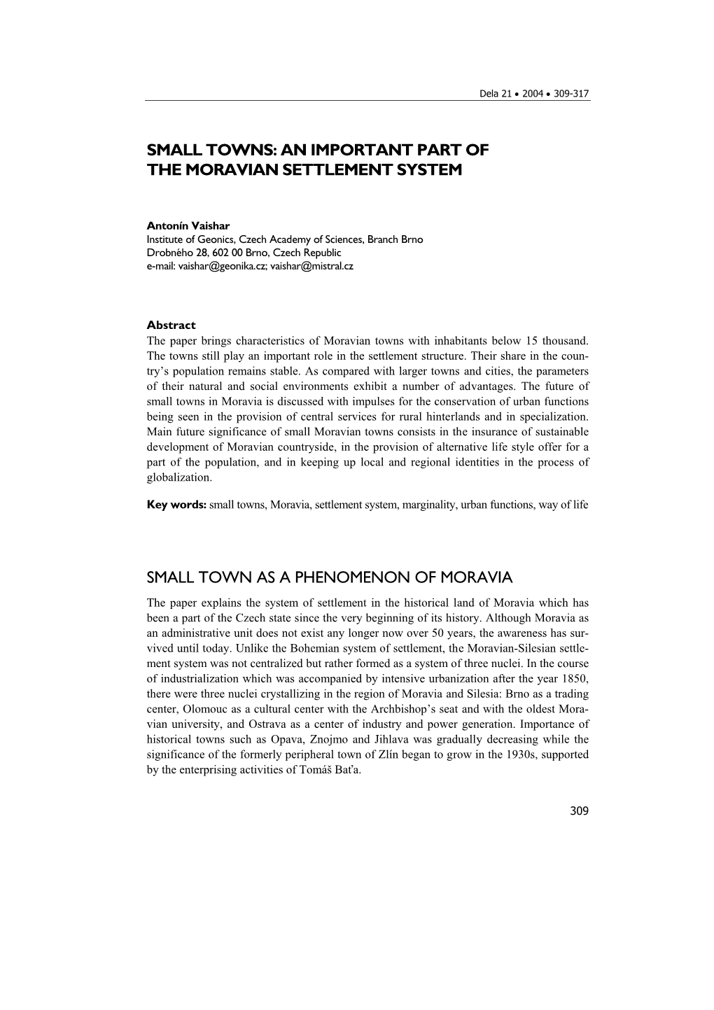 Small Towns: an Important Part of the Moravian Settlement System