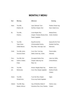 Monthly Menu