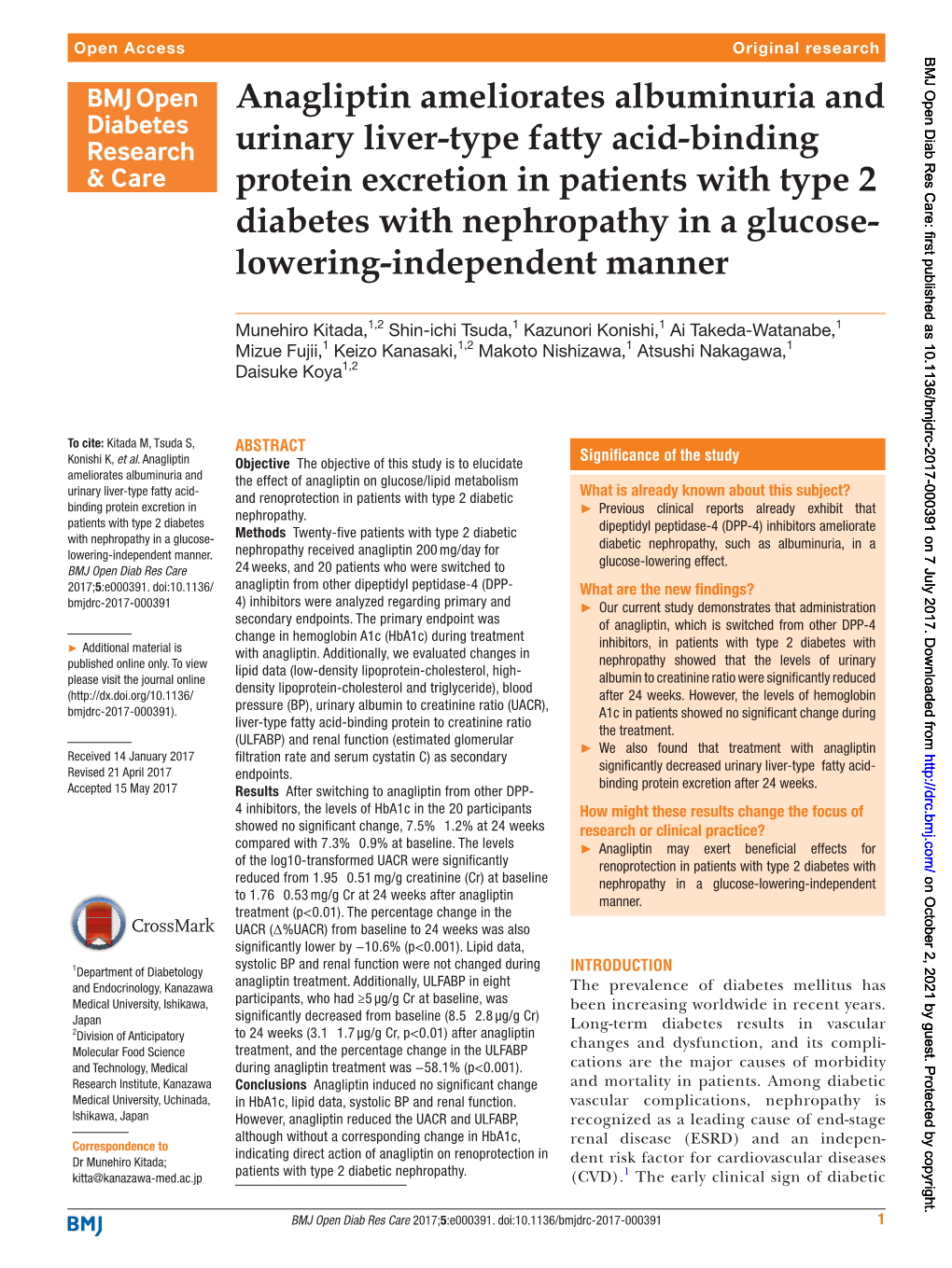 Anagliptin Ameliorates Albuminuria and Urinary Liver-Type Fatty Acid