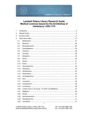 Lambeth Palace Library Research Guide Medical Licences Issued by the Archbishop of Canterbury 1535-1775