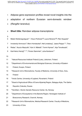 Adipose Gene Expression Profiles Reveal Novel Insights Into the Adaptation of Northern Eurasian Semi-Domestic Reindeer (Rangifer
