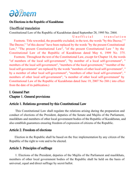 Unofficial Translation Constitutional Law of the Republic of Kazakhstan Dated September 28, 1995 No