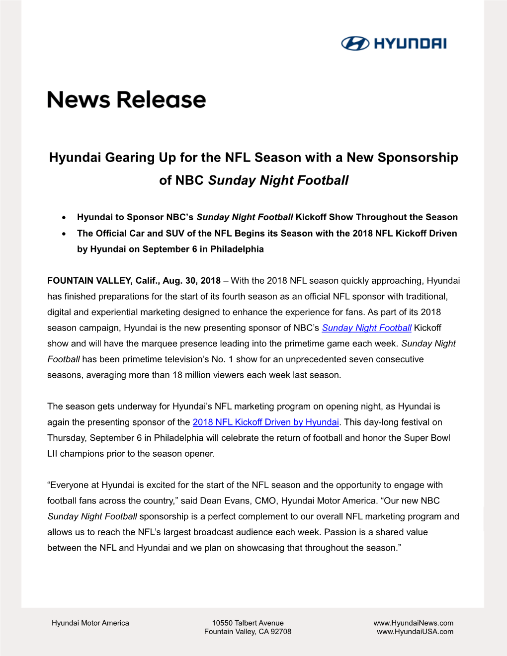 Hyundai Gearing up for the NFL Season with a New Sponsorship of NBC Sunday Night Football