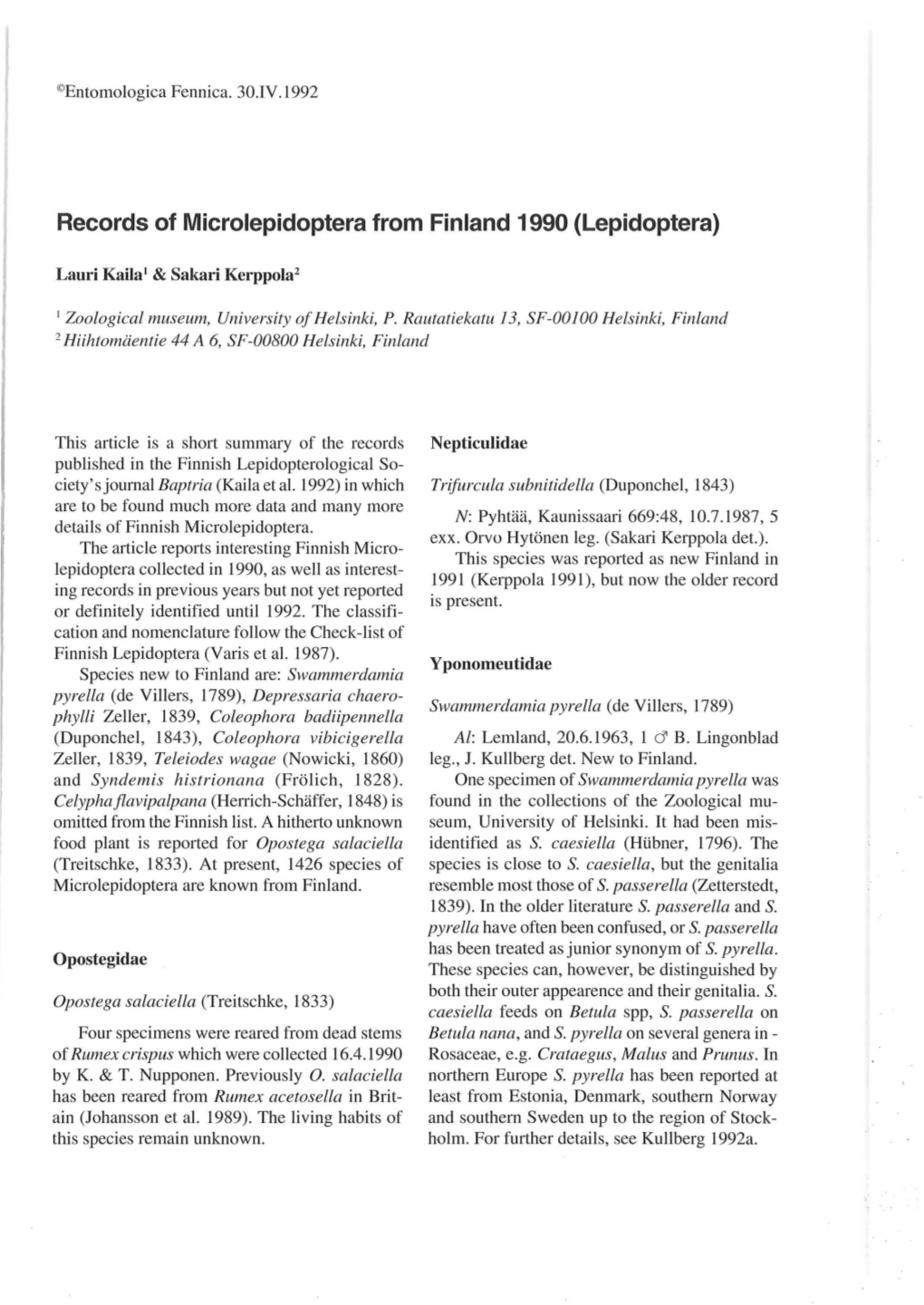 Lepidoptera from Finland 1990 (Lepidoptera)