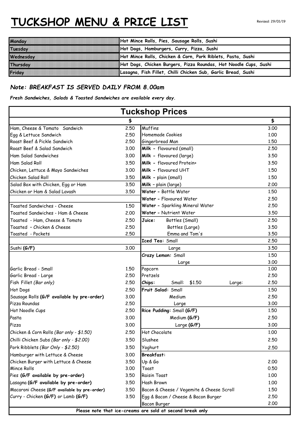 Tuckshop Menu & Price List