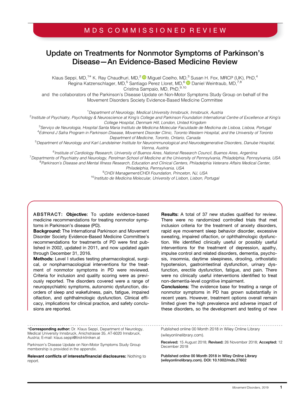 Update on Treatments for Non-Motor Symptoms of Parkinson's Disease