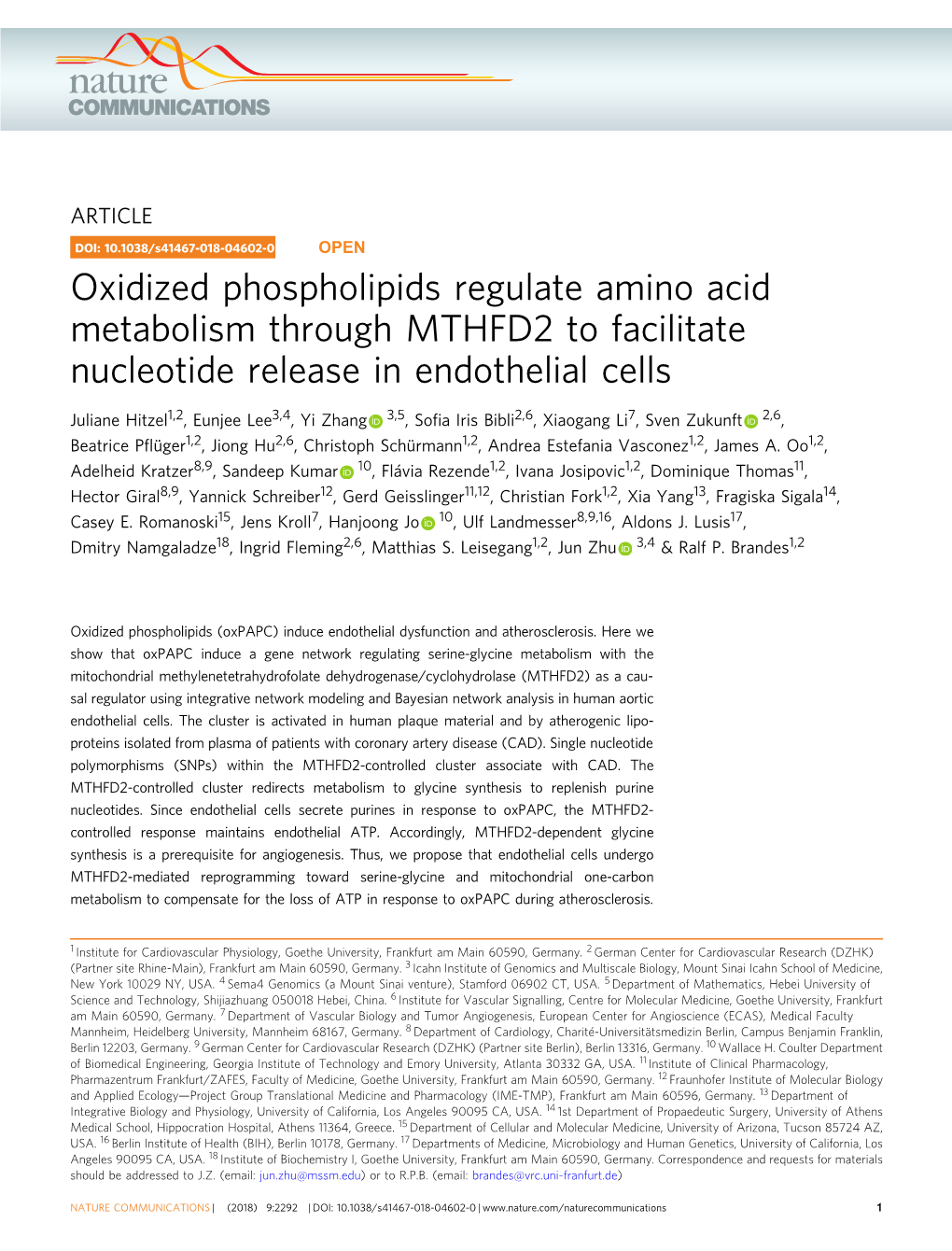 Oxidized Phospholipids Regulate Amino Acid Metabolism Through MTHFD2 to Facilitate Nucleotide Release in Endothelial Cells