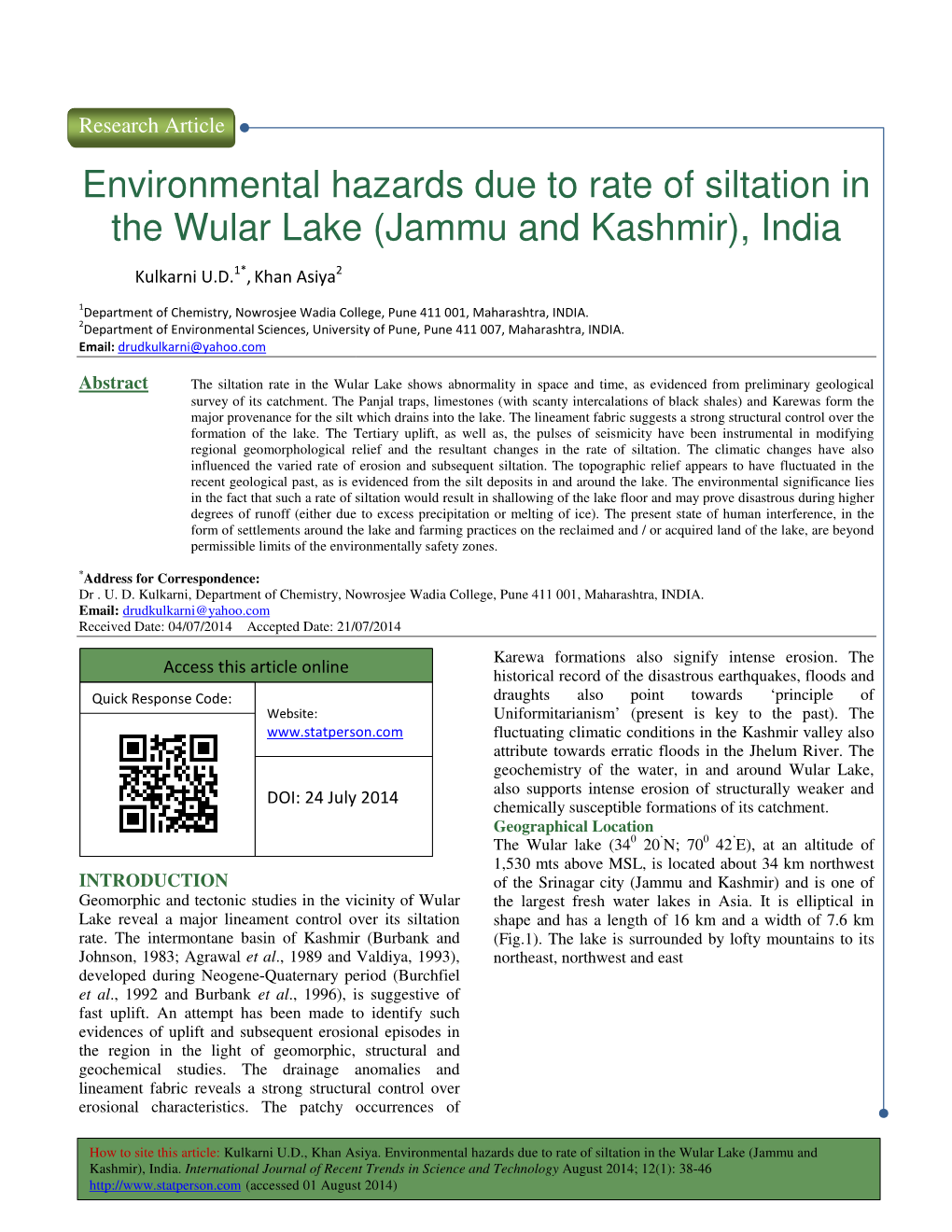 Nmental Hazards Due to Rate of Siltation in Lake (Jammu and Kashmir)