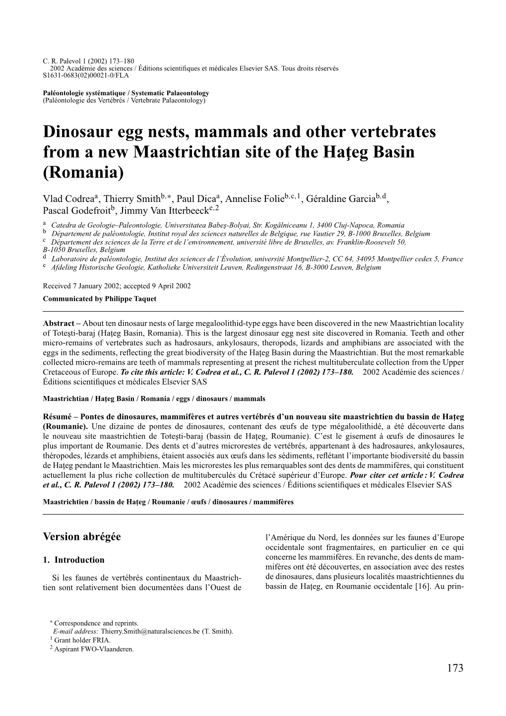 Dinosaur Egg Nests, Mammals and Other Vertebrates from a New Maastrichtian Site of the Ha¸Teg Basin (Romania)