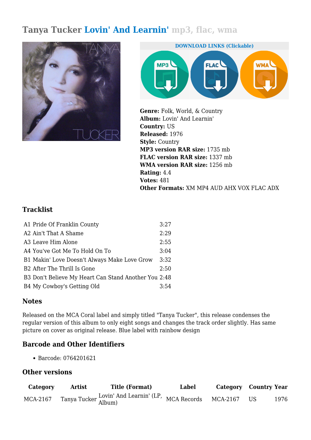 Tanya Tucker Lovin' and Learnin' Mp3, Flac, Wma