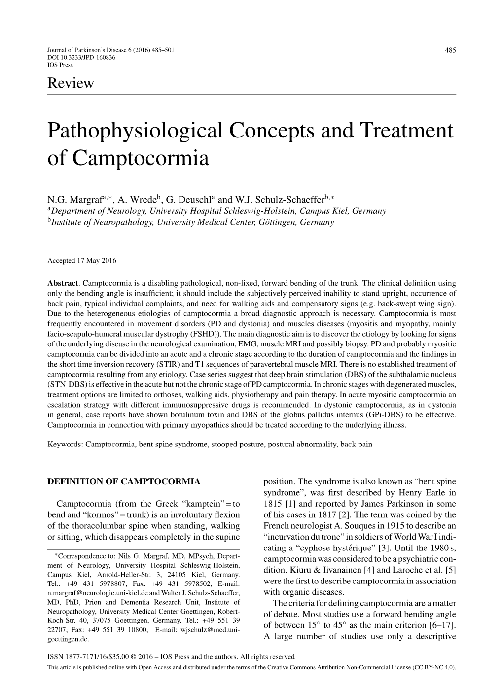 Pathophysiological Concepts and Treatment of Camptocormia