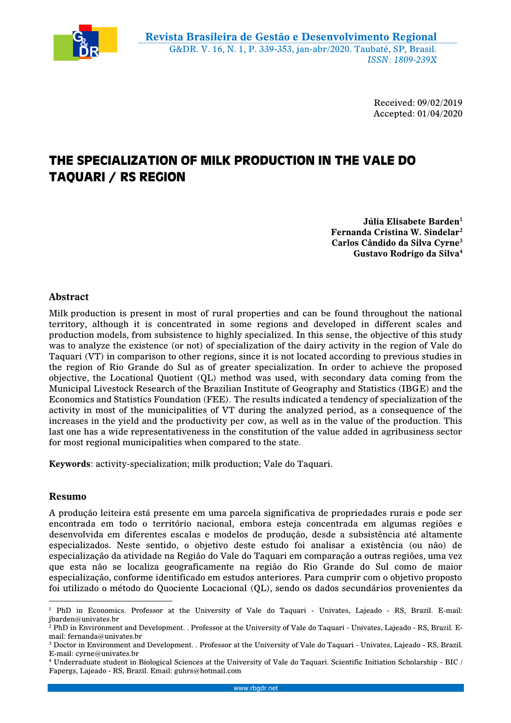 The Specialization of Milk Production in the Vale Do Taquari / Rs Region