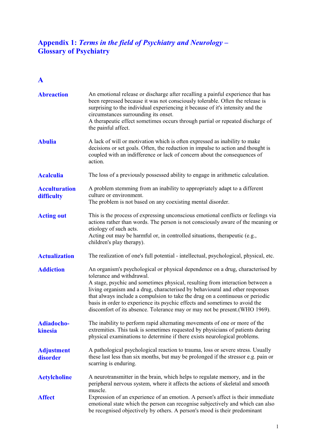 Appendix 1: Terms in the Field of Psychiatry and Neurology