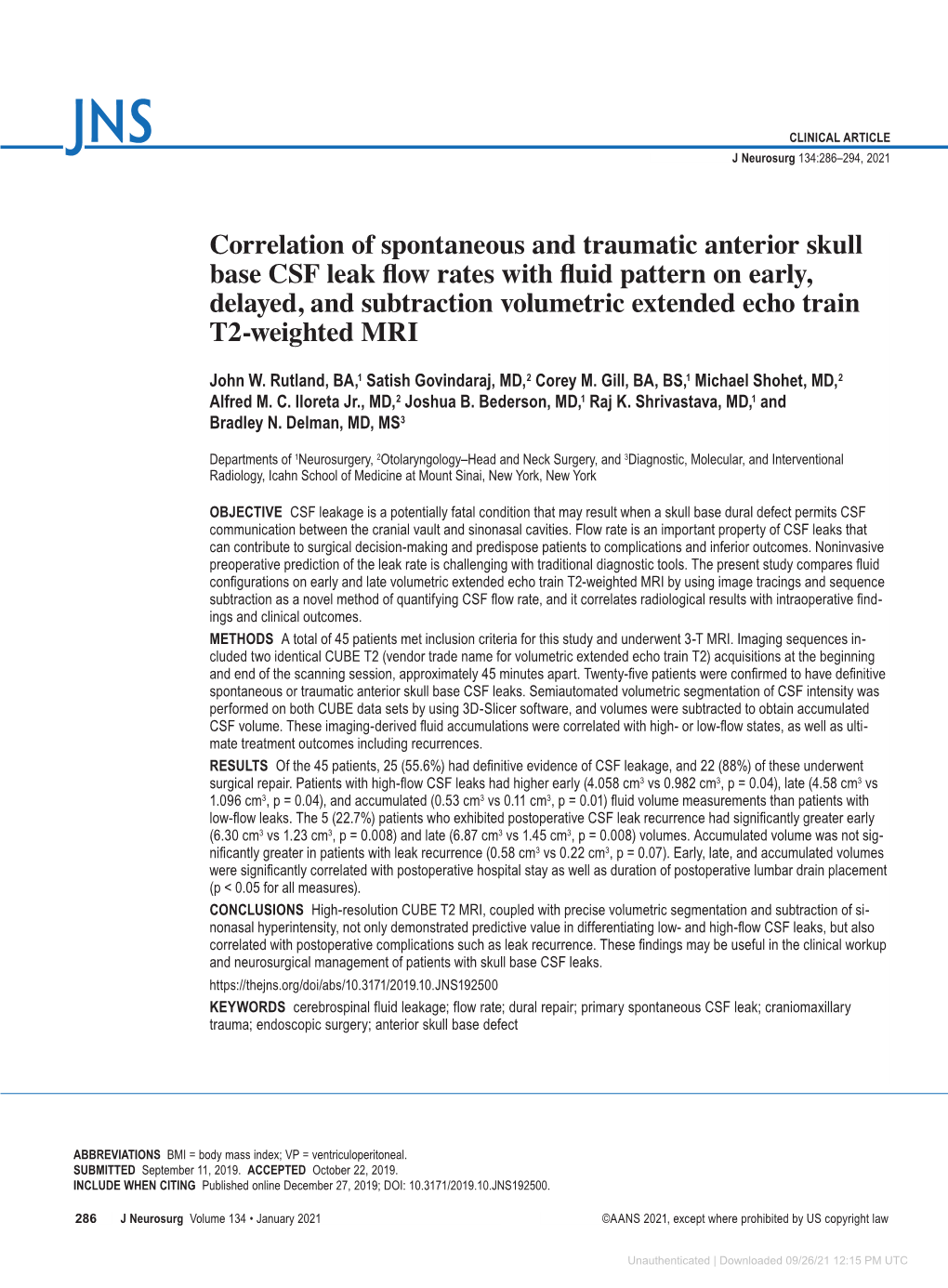 Correlation of Spontaneous and Traumatic Anterior Skull Base CSF Leak Flow Rates with Fluid Pattern on Early, Delayed, and Subtr