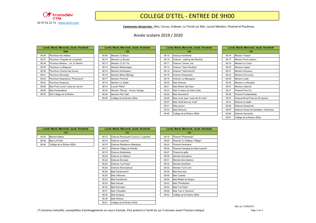 COLLEGE D'etel - ENTREE DE 9H00 02 97 01 22 71 - Communes Desservies : Belz, Carnac, Erdeven, La Trinité Sur Mer, Locoal Mendon, Ploemel Et Plouhinec