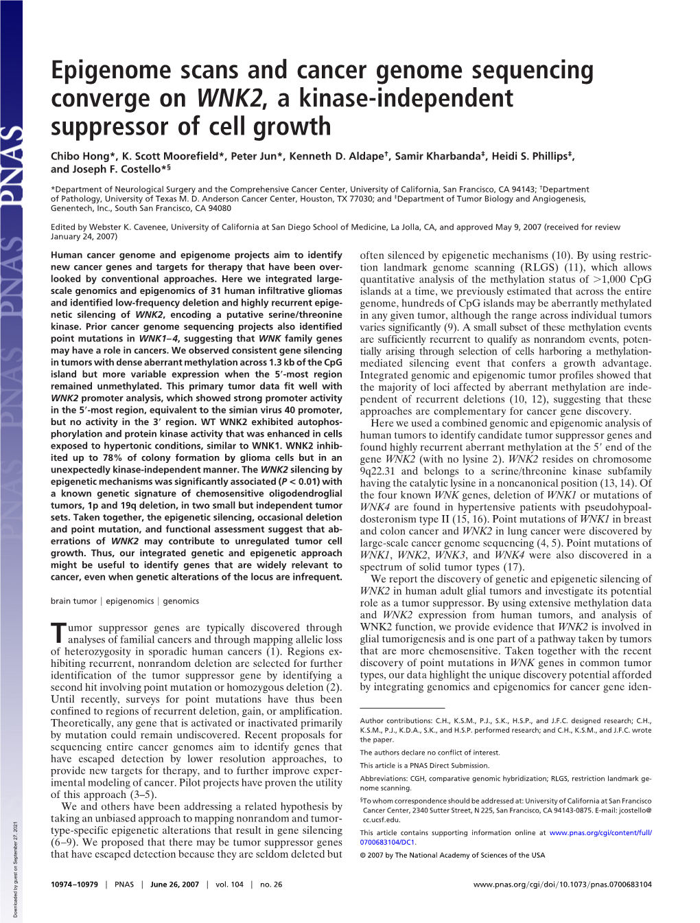 Epigenome Scans and Cancer Genome Sequencing Converge on WNK2, a Kinase-Independent Suppressor of Cell Growth