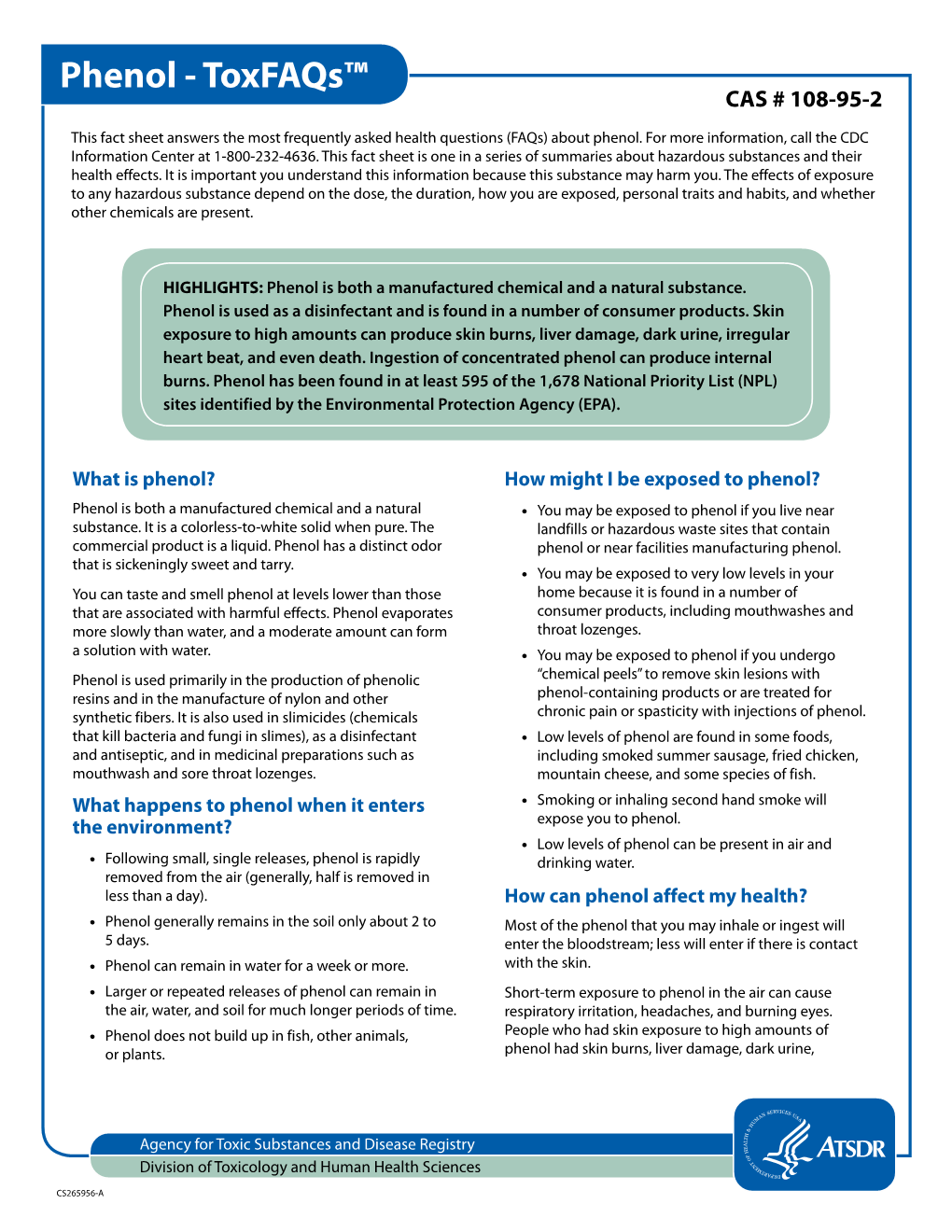 Phenol - Toxfaqs™ CAS # 108-95-2