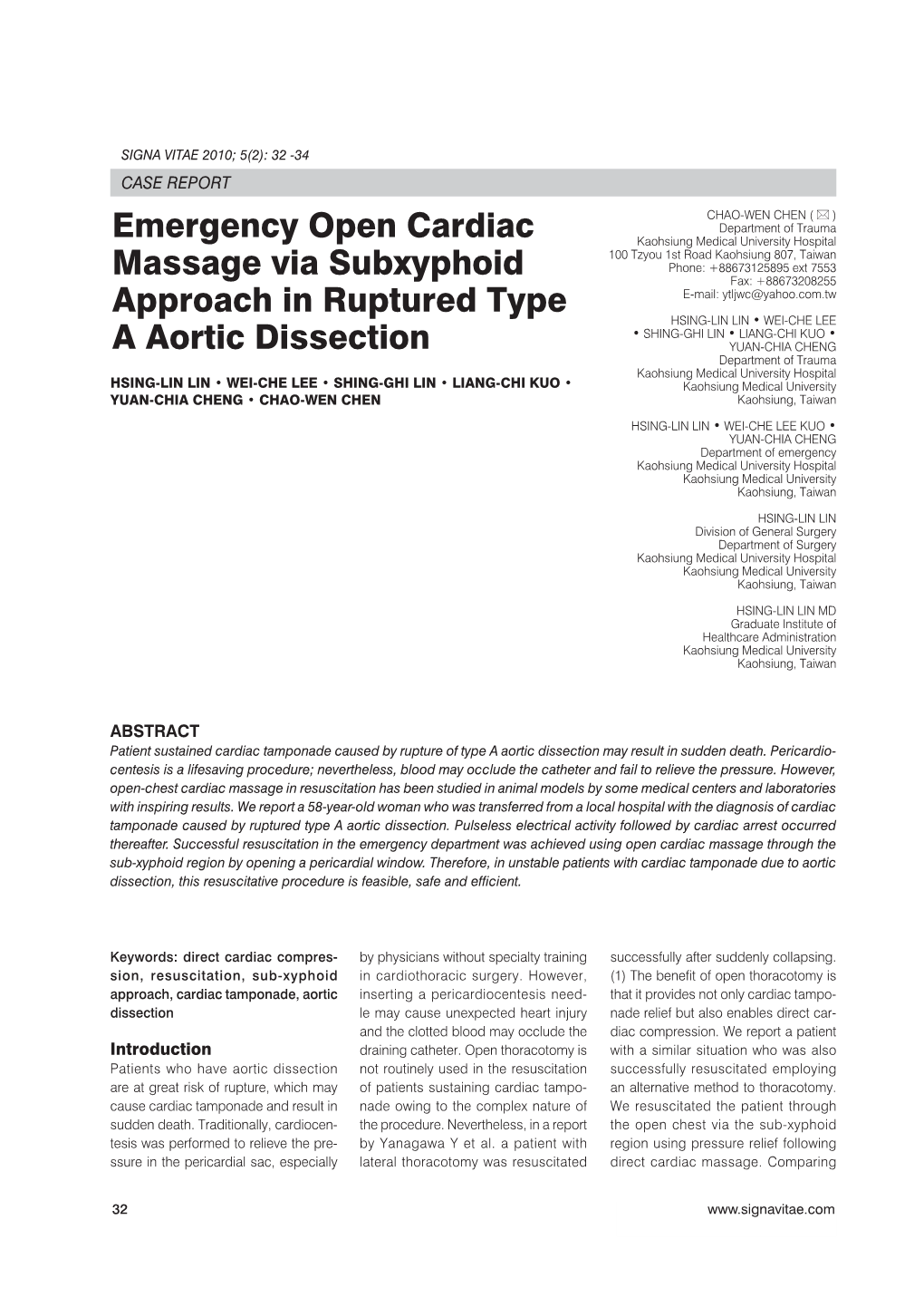 Emergency Open Cardiac Massage Via Subxyphoid Approach in Ruptured Type a Aortic Dissection
