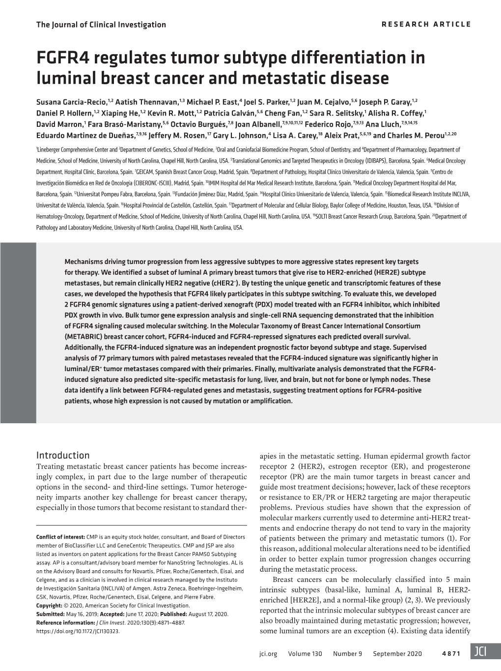 FGFR4 Regulates Tumor Subtype Differentiation in Luminal Breast Cancer and Metastatic Disease