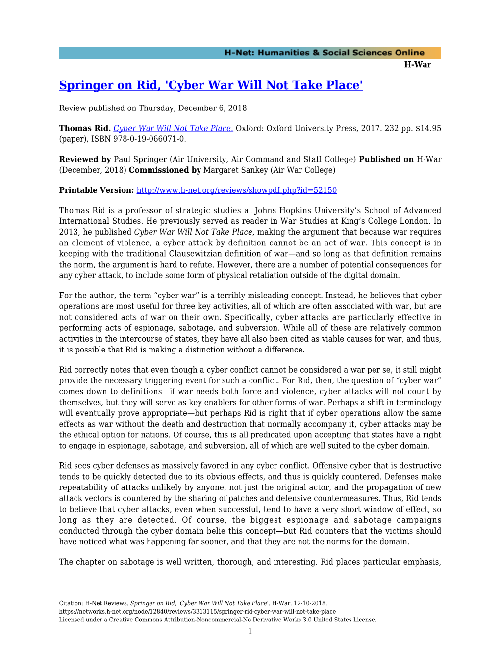 Springer on Rid, 'Cyber War Will Not Take Place'