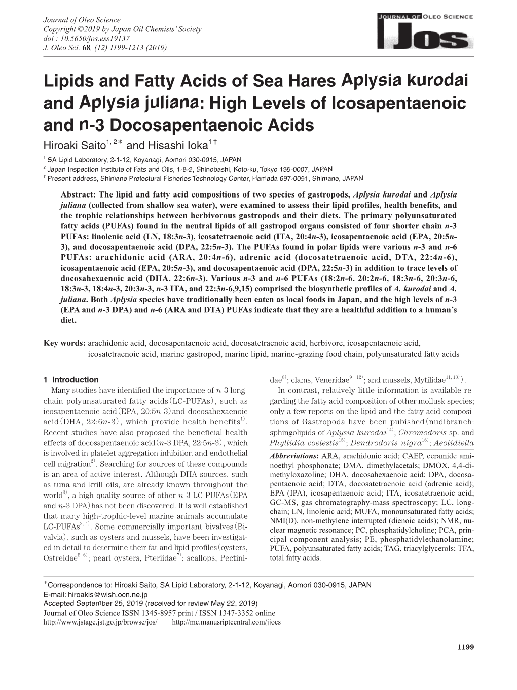 Lipids and Fatty Acids of Sea Hares Aplysia Kurodai and Aplysia Juliana