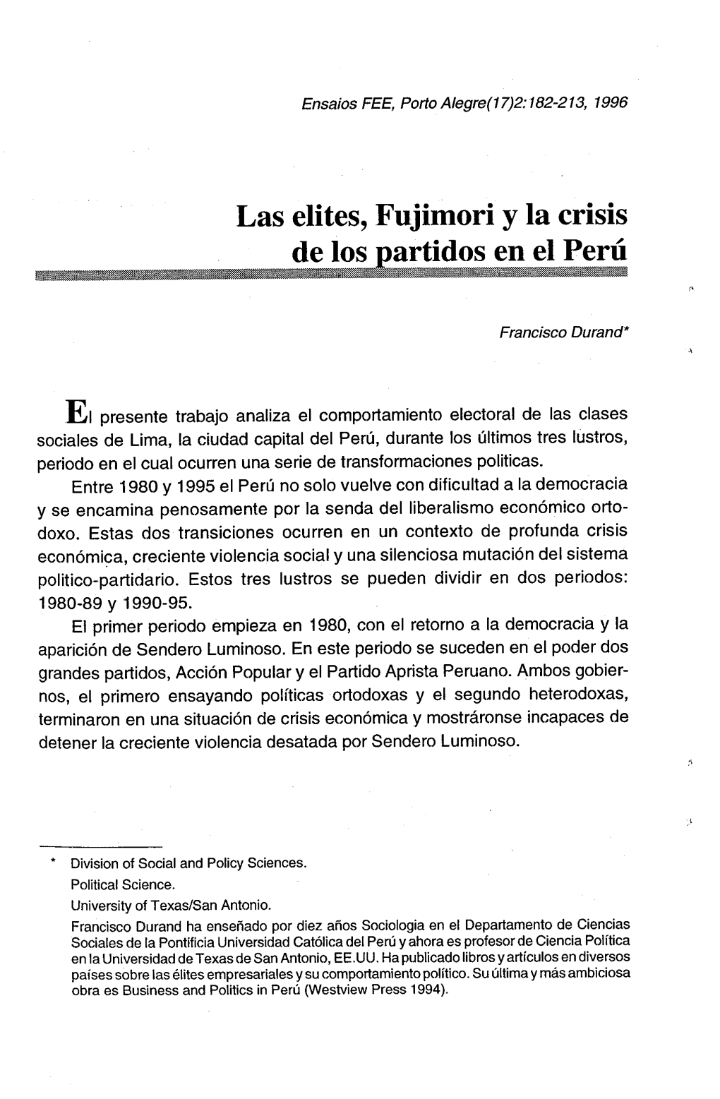 Las Elites, Fujimori Y Ia Crisis De Los Partidos En El Perú