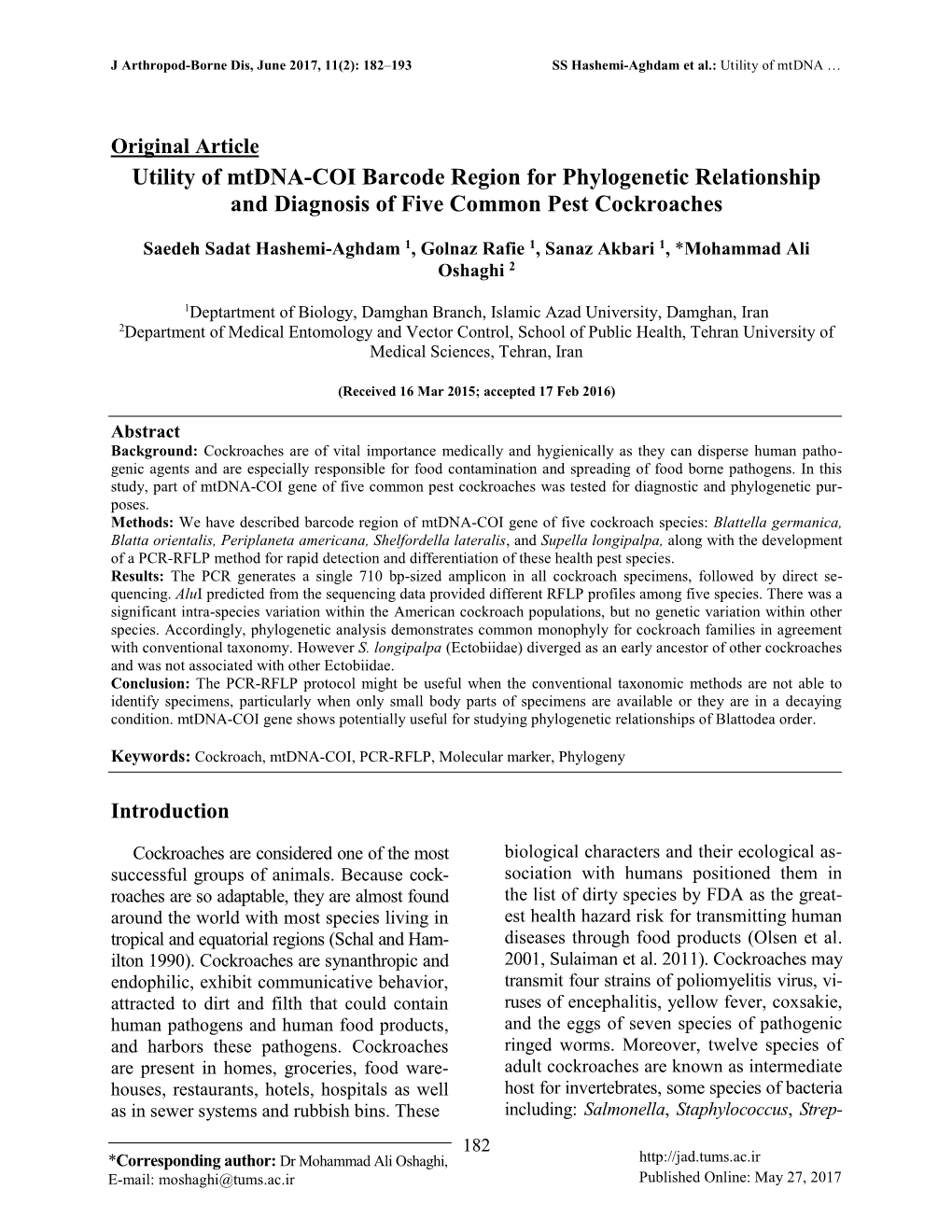 Utility of Mtdna-COI Barcode Region for Phylogenetic Relationship and Diagnosis of Five Common Pest Cockroaches