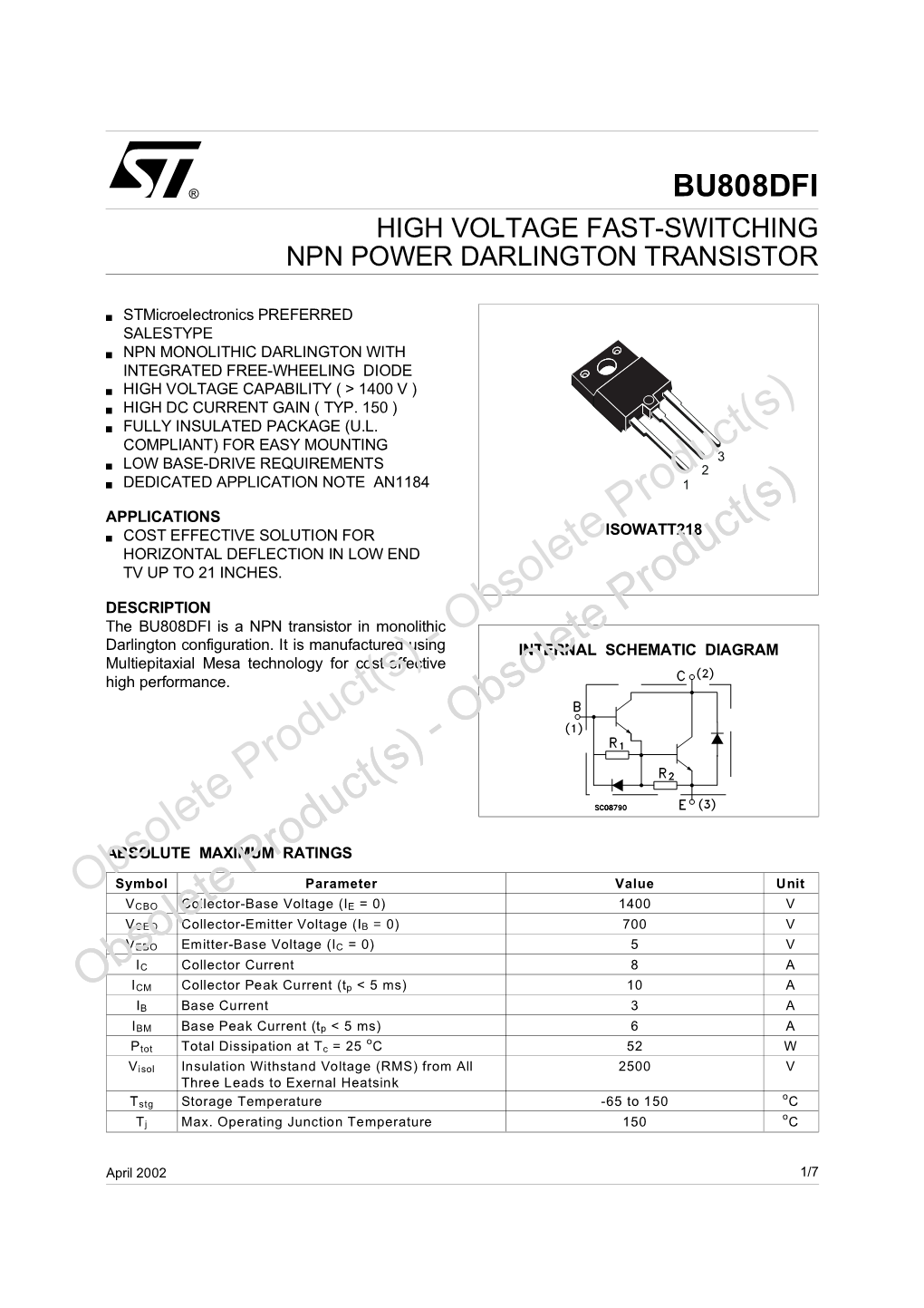 High Voltage Fast-Switching Npn Power Darlington Transistor