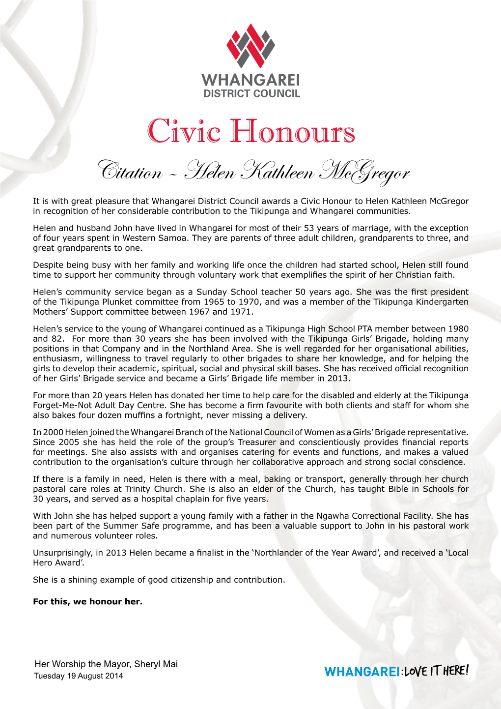 Civic Honours Citation – Helen Kathleen Mcgregor