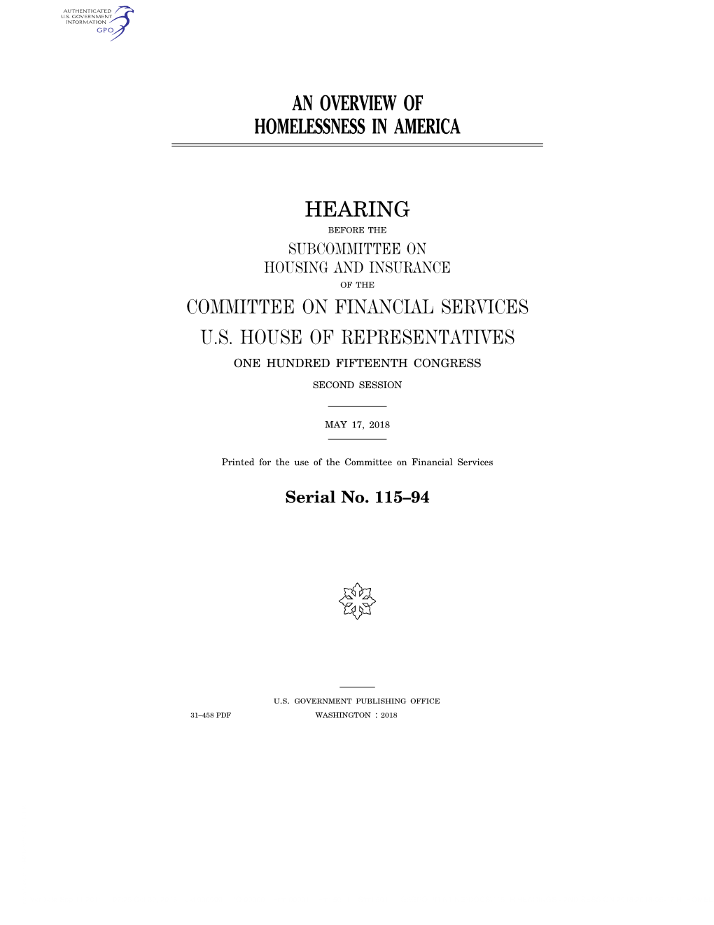 An Overview of Homelessness in America Hearing