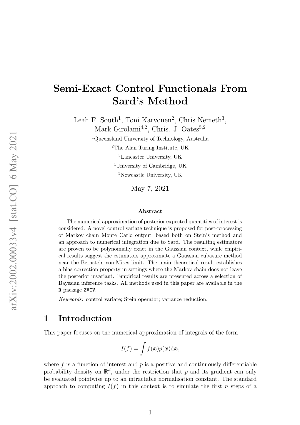 Semi-Exact Control Functionals from Sard's Method Arxiv:2002.00033V4