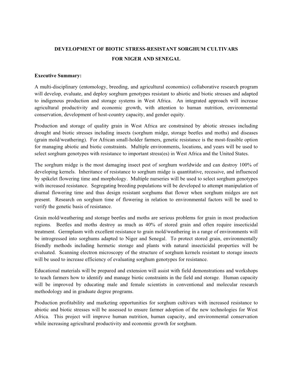 Development of Biotic Stress-Resistant Sorghum Cultivars for Niger and Senegal