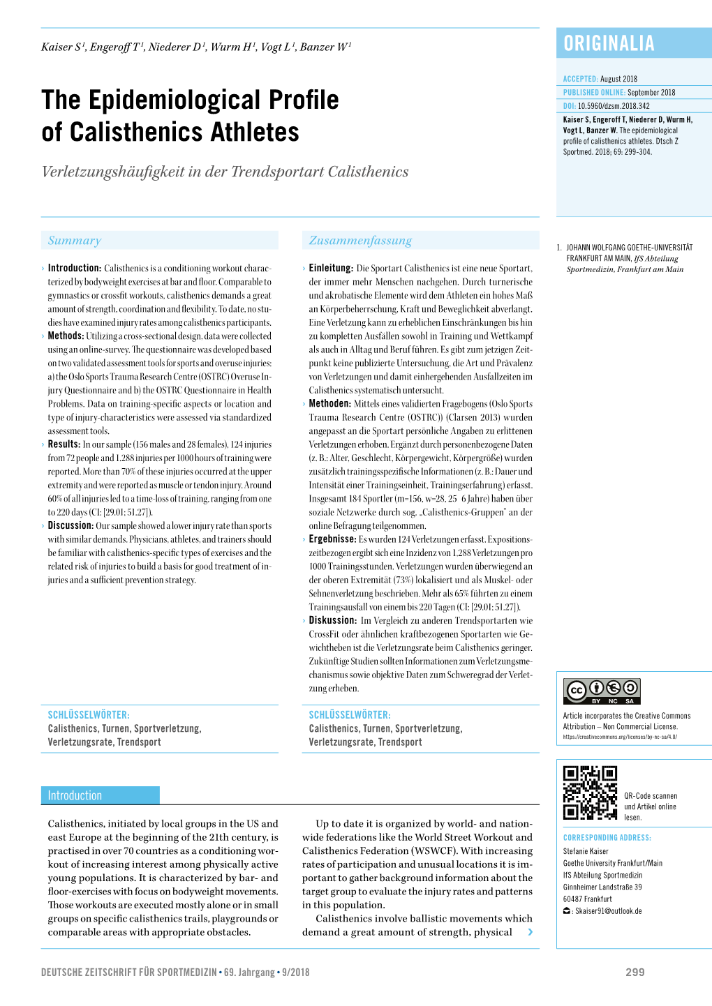 The Epidemiological Profile of Calisthenics Athletes