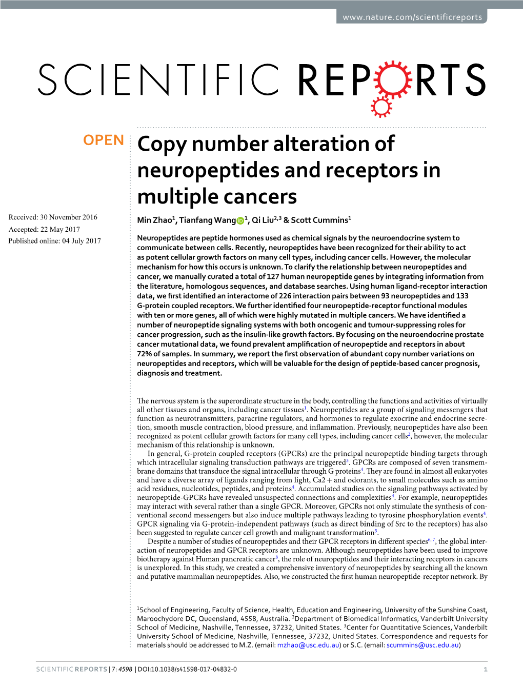 Copy Number Alteration of Neuropeptides and Receptors In