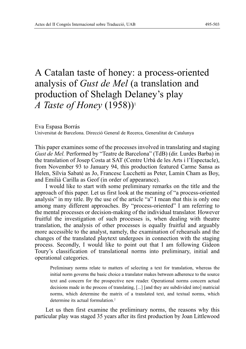 A Translation and Production of Shelagh Delaney's Play A