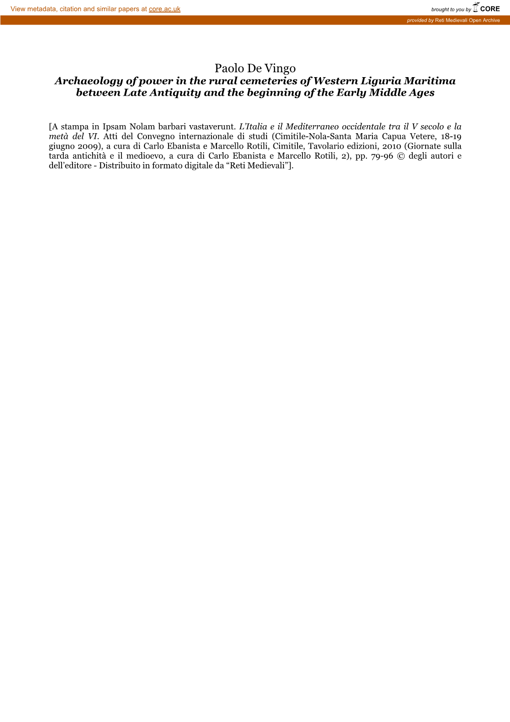 Paolo De Vingo Archaeology of Power in the Rural Cemeteries of Western Liguria Maritima Between Late Antiquity and the Beginning of the Early Middle Ages