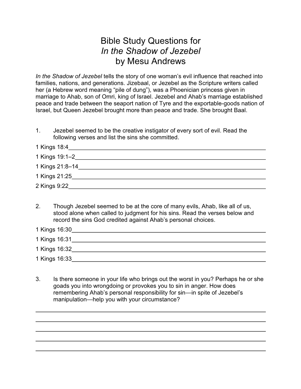 Bible Study Questions for in the Shadow of Jezebel by Mesu Andrews