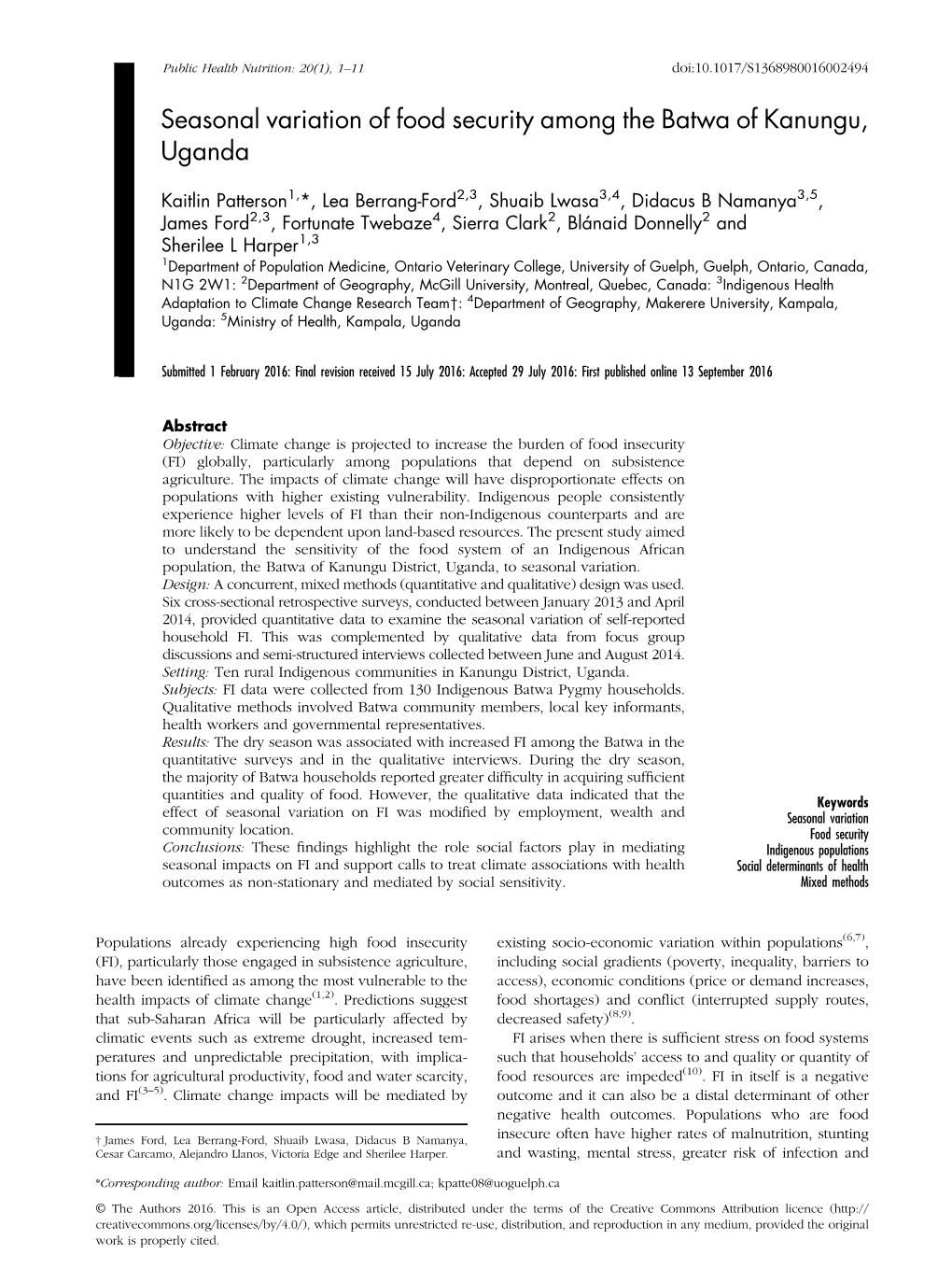 Seasonal Variation of Food Security Among the Batwa of Kanungu, Uganda