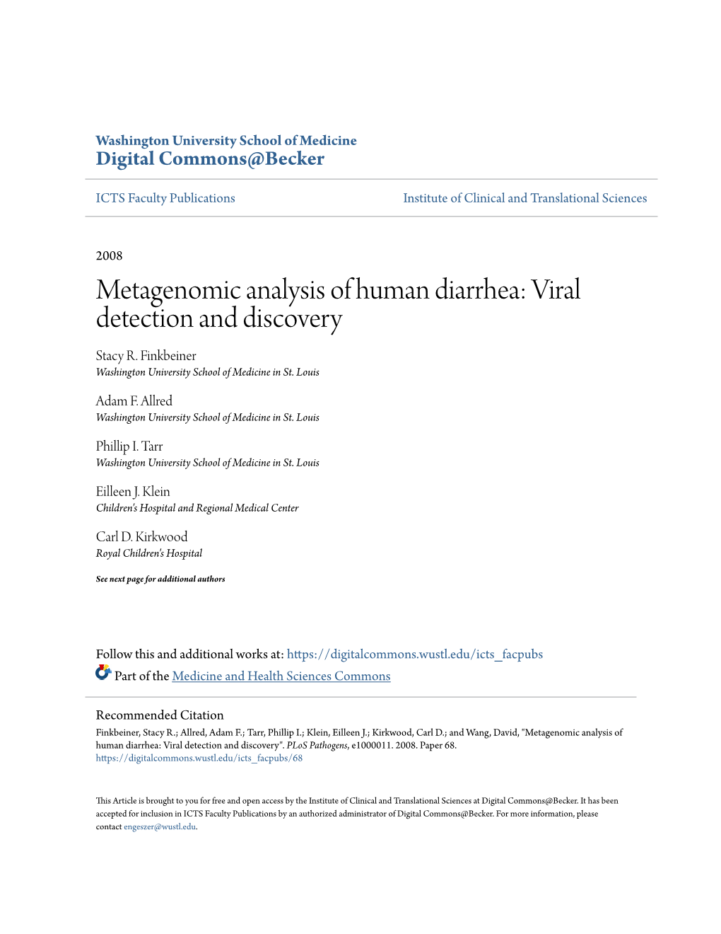 Metagenomic Analysis of Human Diarrhea: Viral Detection and Discovery Stacy R