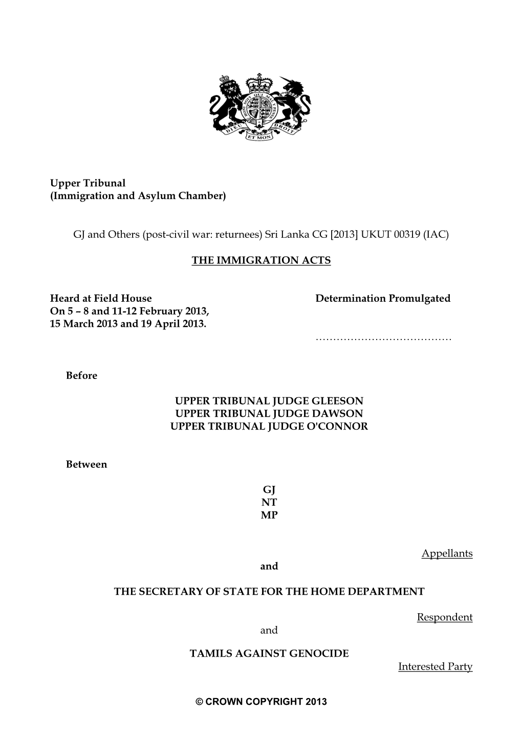 GJ and Others (Post-Civil War: Returnees) Sri Lanka CG [2013] UKUT 00319 (IAC)