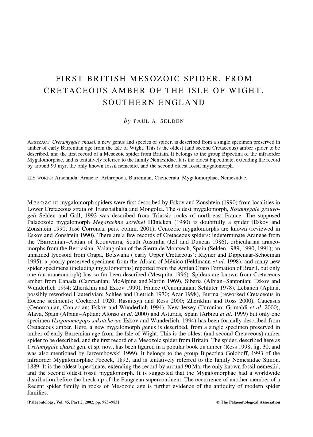 First British Mesozoic Spider, from Cretaceous Amber of the Isle of Wight, Southern England