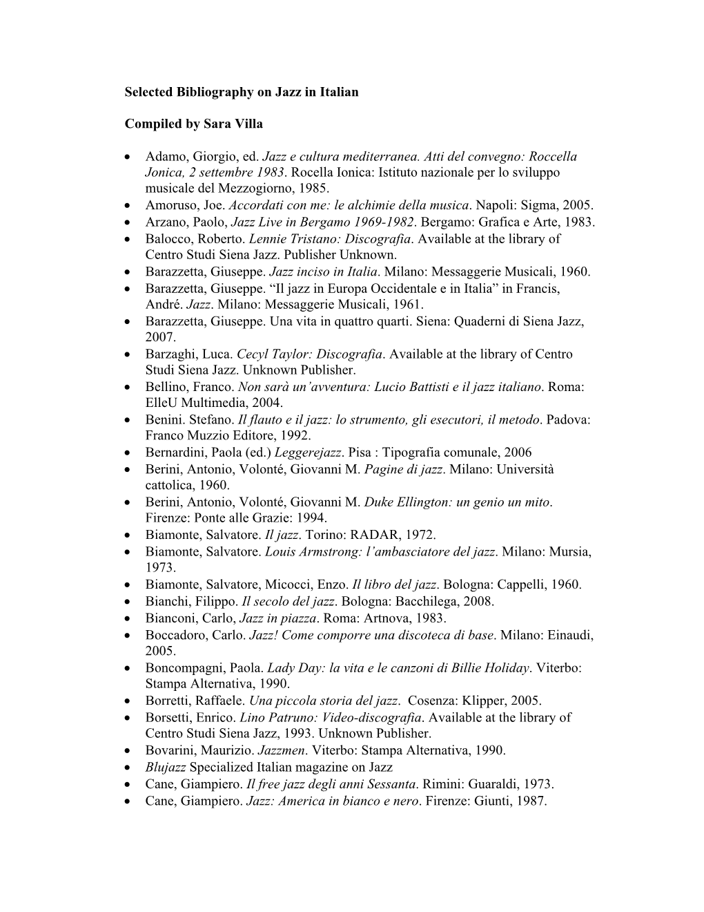 Selected Bibliography on Jazz in Italian Compiled by Sara Villa