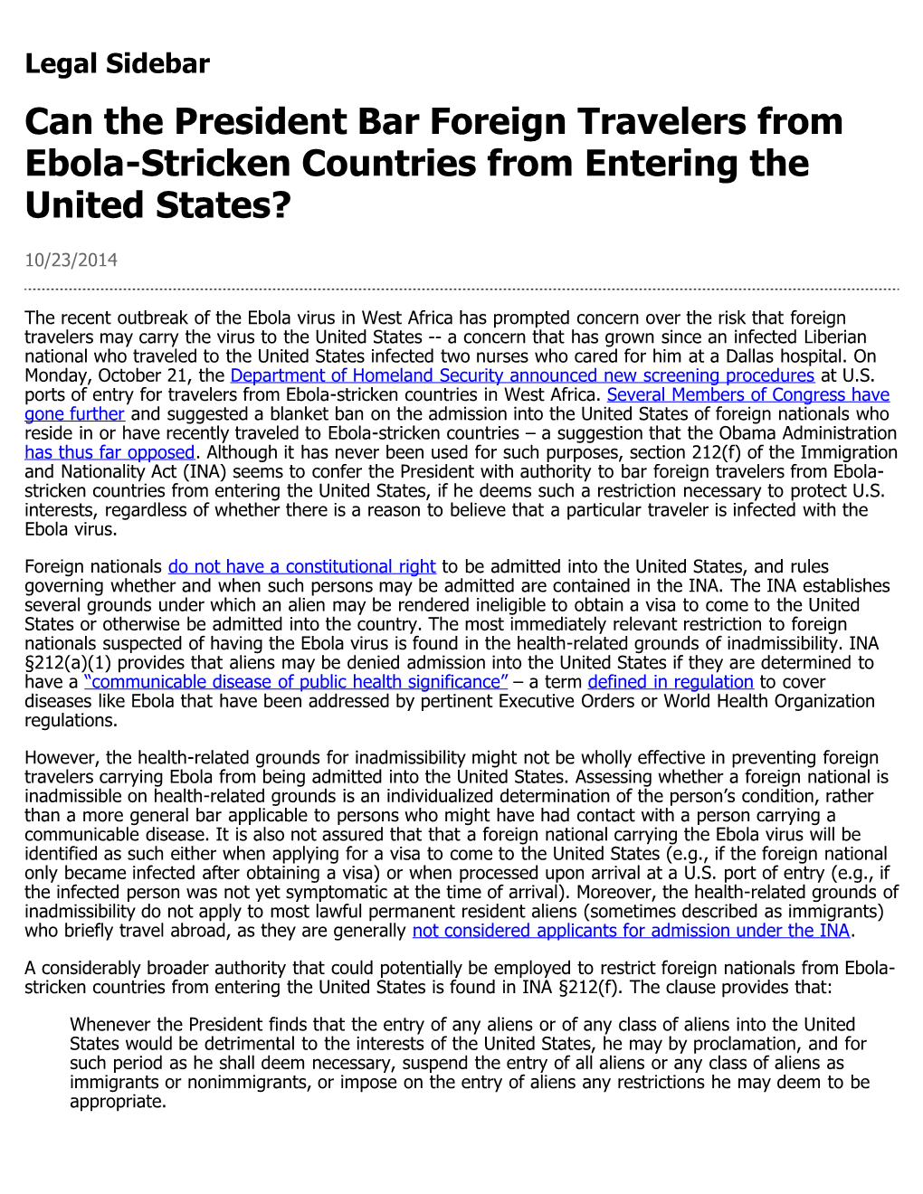 Can the President Bar Foreign Travelers from Ebola-Stricken Countries from Entering the United States?