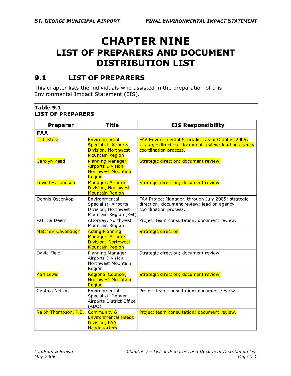 Chapter Nine List of Preparers and Document Distribution List