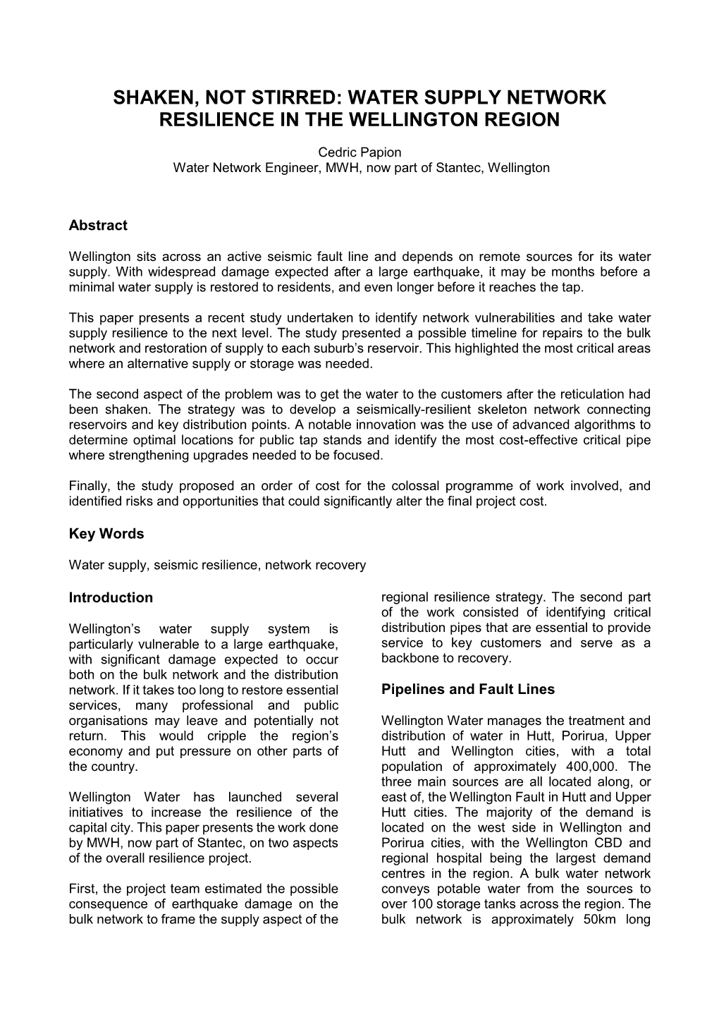 Water Supply Network Resilience in the Wellington Region